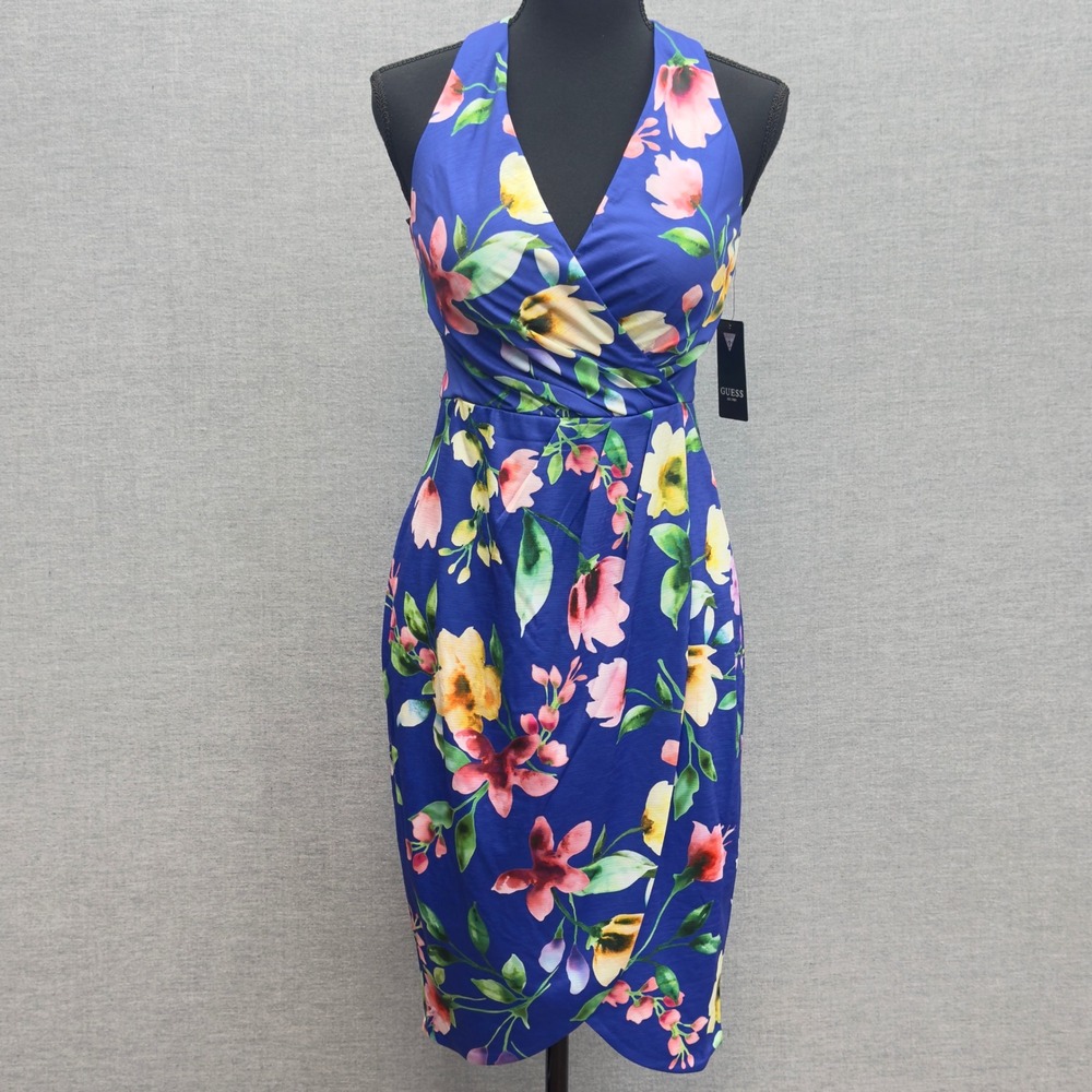 Guess Blue Floral Halter Wrap Sheath‎ Dress NWT Size 2